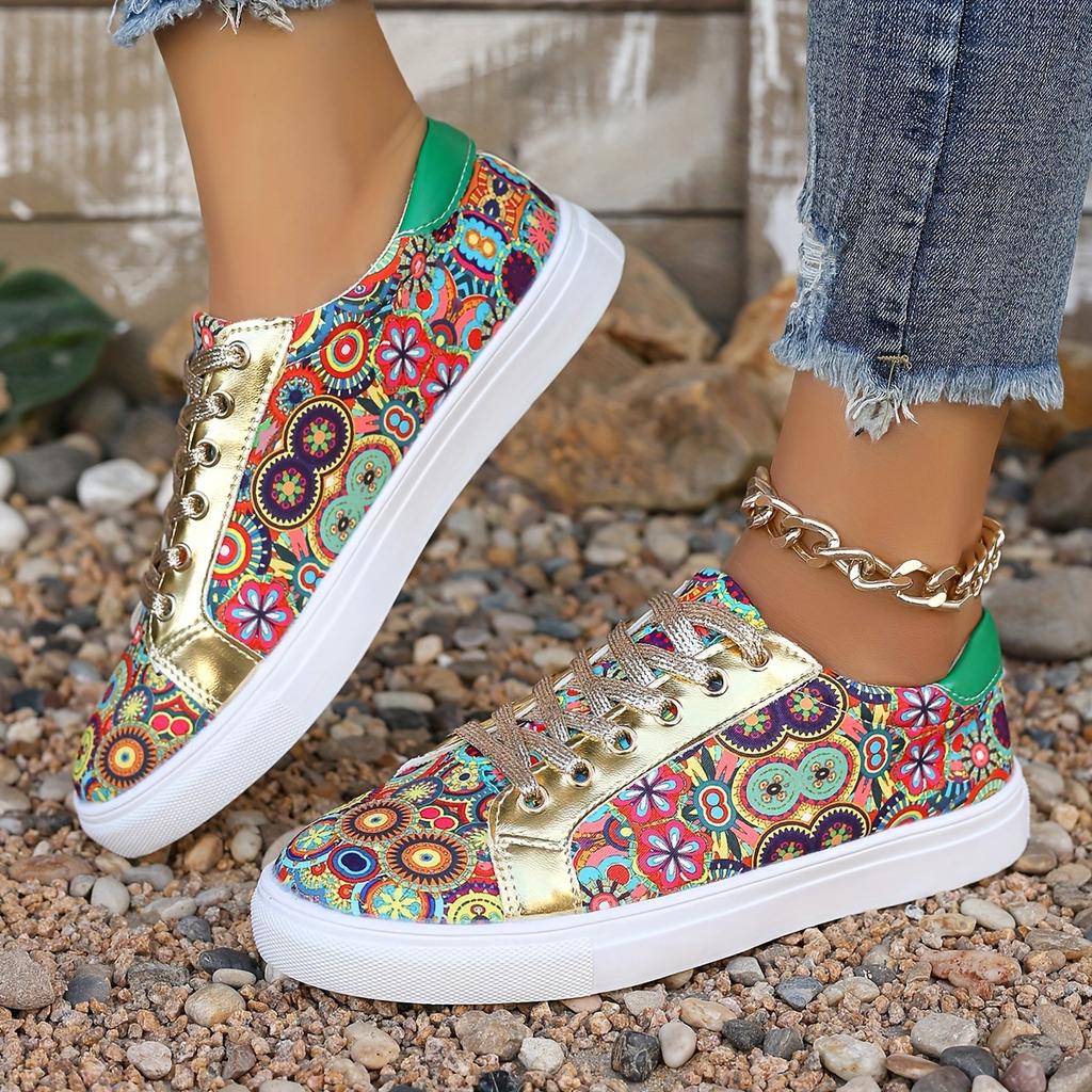Comfortable Plus Size Women's Fashion Sneakers - Breathable Fabric, Floral Print, Lace-Up Low Tops with Non-Slip PU Cover Sole