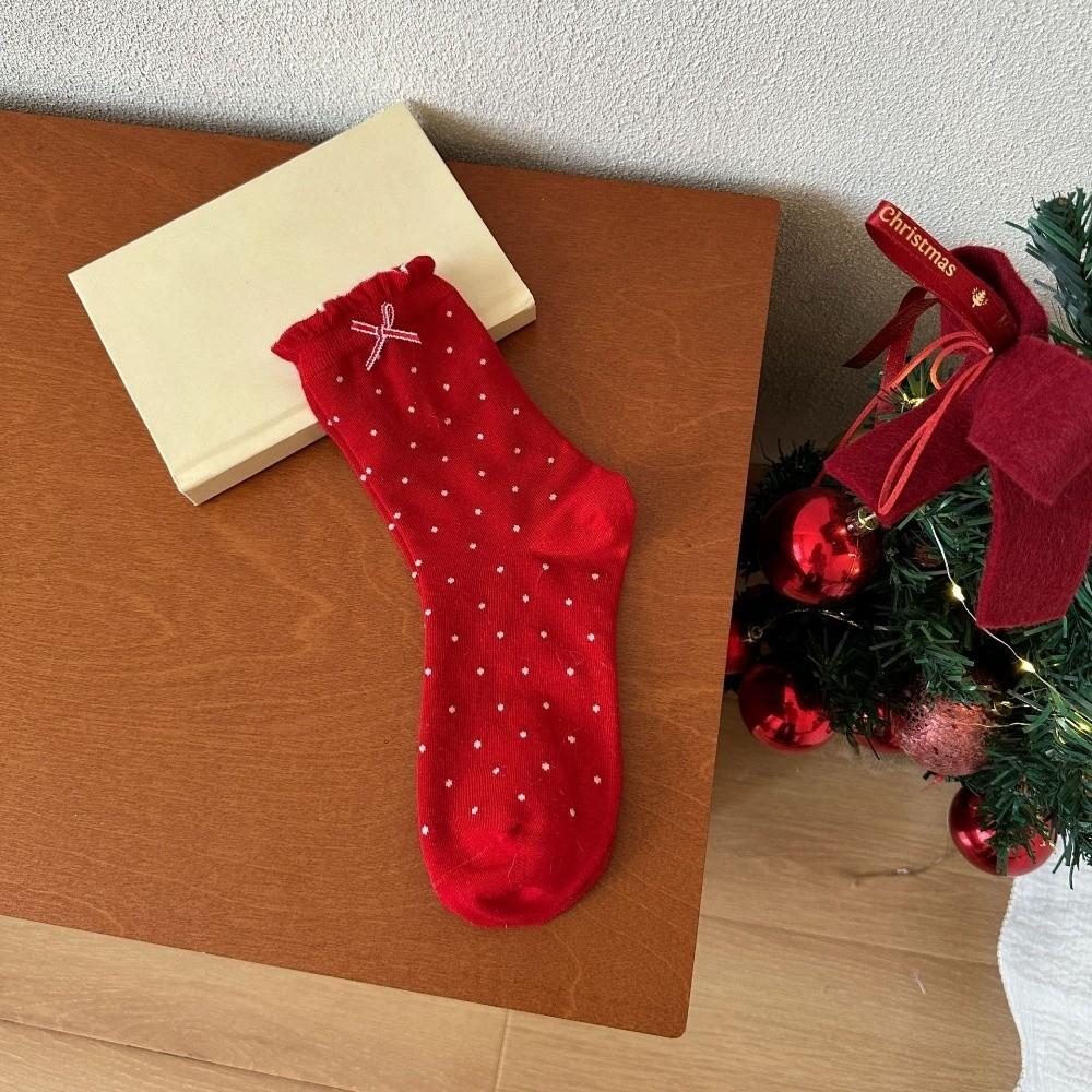Combed Cotton Heart Polka Dot Socks Breathable Flower Socks Plaid Red Socks Spring Festival
