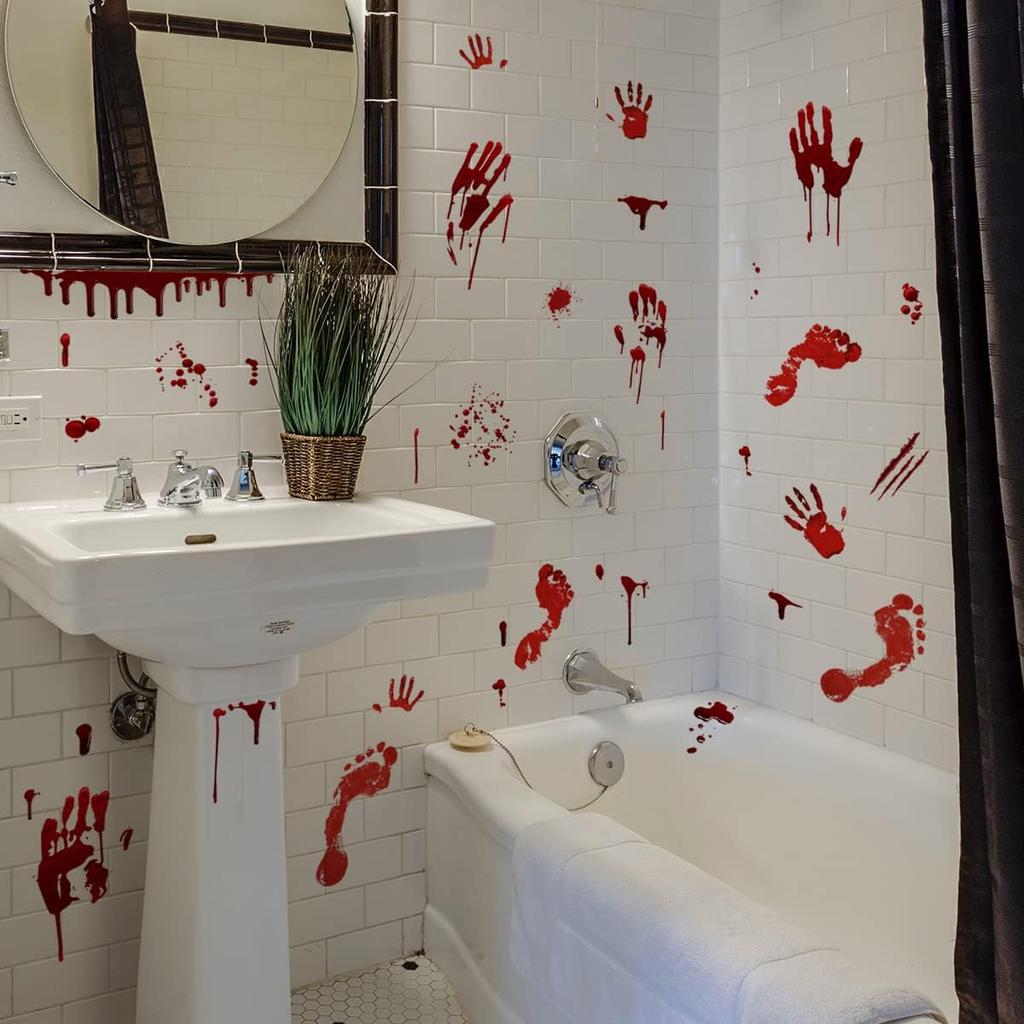 Halloween Bloody Handprint Footprint Window Stickers Wall Stickers for Halloween Party Decorations ide Outside Decor Come with Plastic Scraper Tools