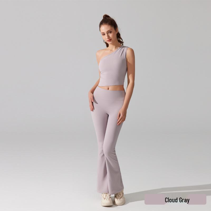 

Антибактериальный женский комплект для йоги с ощущением обнаженности: Брюки клеш с высокой посадкой и спортивный топ без рукавов с открытыми плечами Large