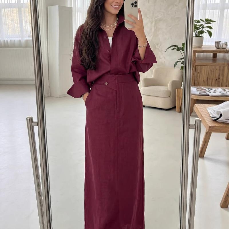 Elegantes Damen-Leinen-Set 2-teilig Bescheidenes Oversized-Hemd mit Knöpfen + Maxirock mit hoher Taille Lässiges schickes Co-ord-Outfit für den Frühling