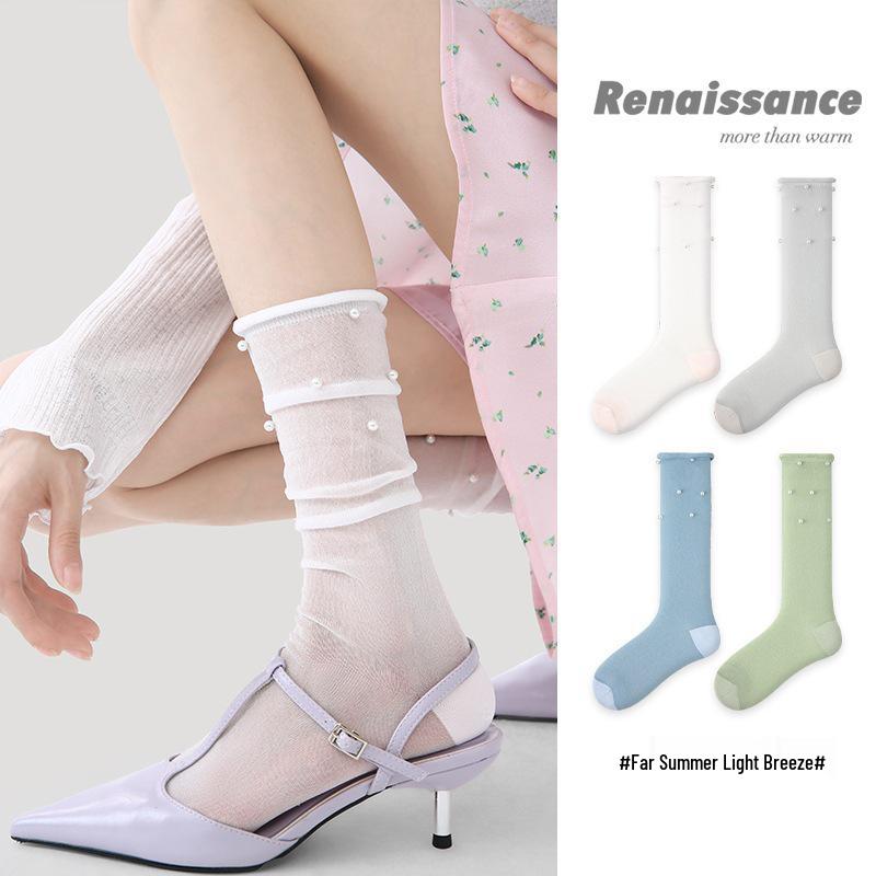 Renaissance Pearl Mid-Calf Women's Socks: Original Thin, Solid Color, Puffy Ins Style.