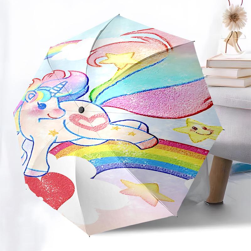 Regenbogen-Einhorn Automatisches Öffnungs-/Schließschirm mit Herz-Design Tragbar 3-fach faltbar, 8-Rippen Eisenrahmen Outdoor-Schirm für Fans,