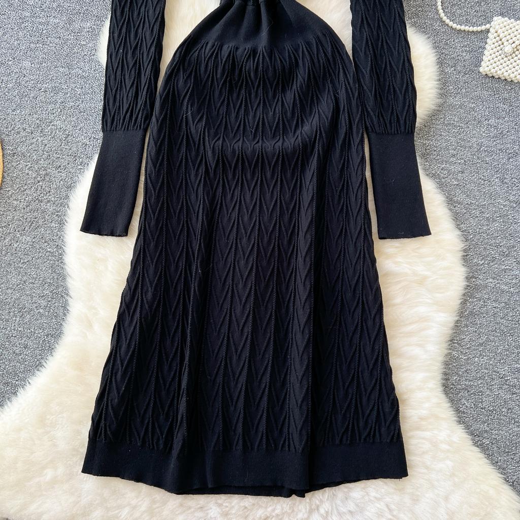 Autumn Winter Women Elegant V-neck Knitted Sweater Twist Pullover Dresses