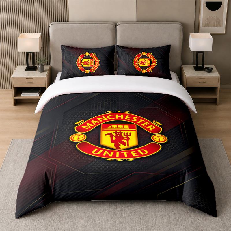 3-delt sengetøjssæt Manchester United Blad Sengetøj og To Pudevar Hjem Soveværelse Dekoration