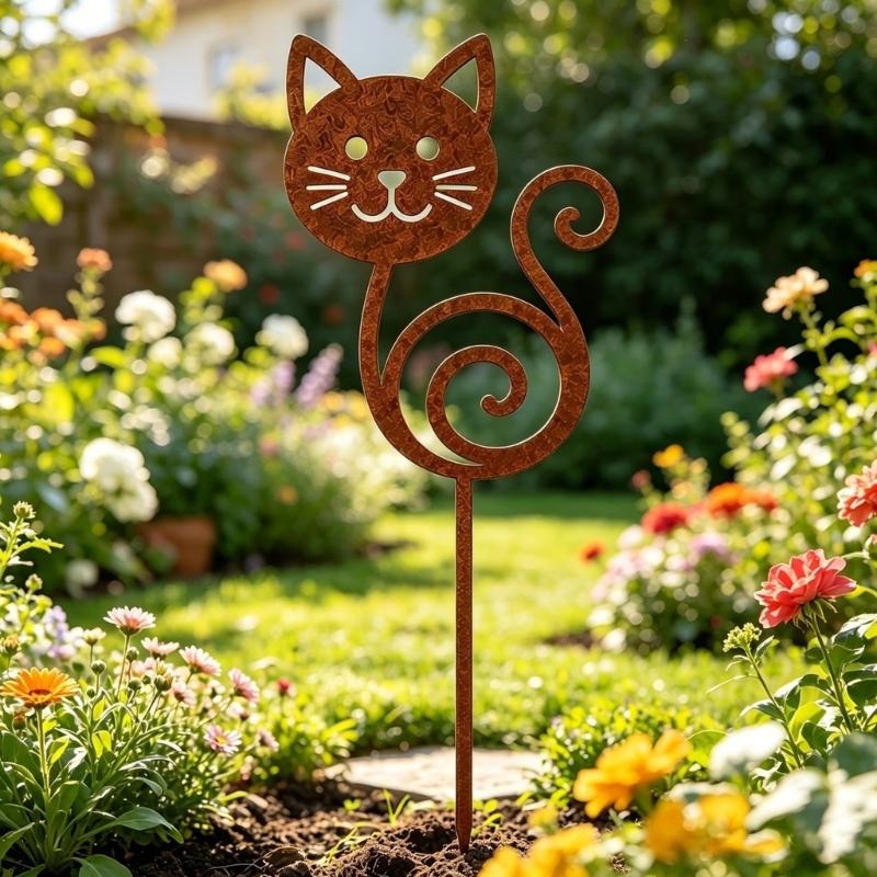 Rusty Animal Yard Stake Decoration for Lawns and Porch Edges, Metal Garden Stake with Weathered Finish and Easy Soil Placement