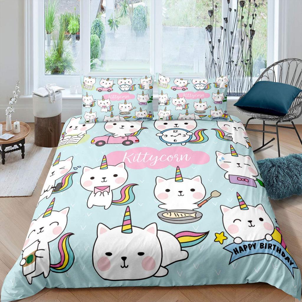 Comforter Cartoon Cat Unicorn Sweet Strawberry Milk Bedding Set Pet Animals Comforter Desserts Cakes Food