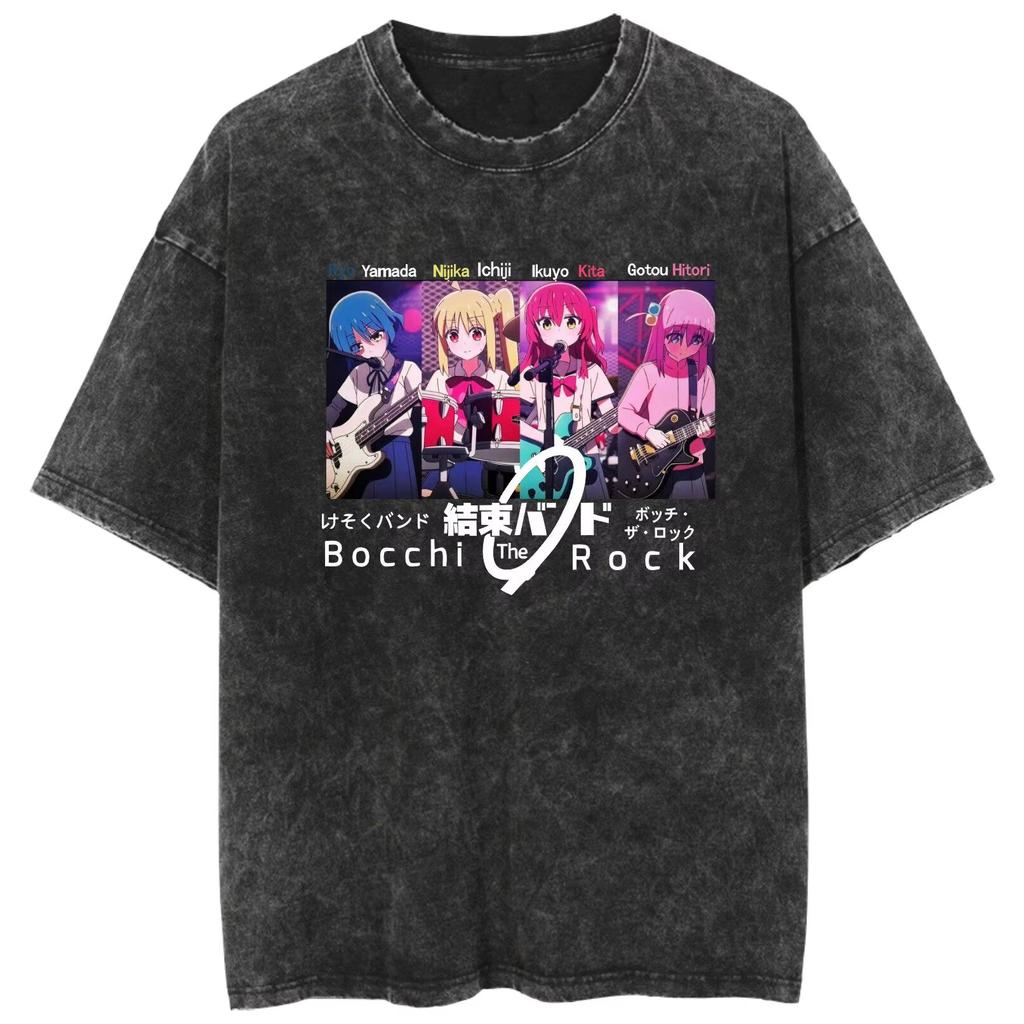 2026 Zomer Unisex Los Bedrukt Dubbelzijdig Retro Gewassen T-shirt met Kessoku Band Silhouet van Bocchi The Rock T-shirt