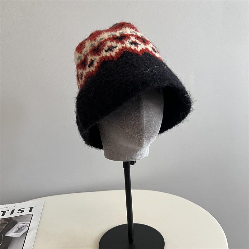 Jacquard Wool Hat Women Winter Thickened Warm Knitted Hat Cold Ear Protection Bucket Hat Women