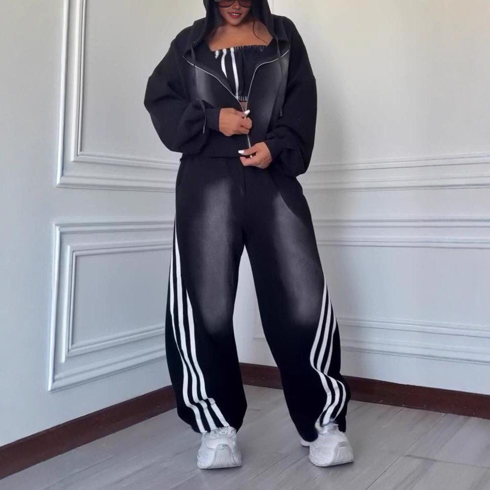 2025 Cross-border European and American Women's Clothing Amazon Sports Long-sleeved Hooded Zipper Casual Pants Commuter Fashion Suit