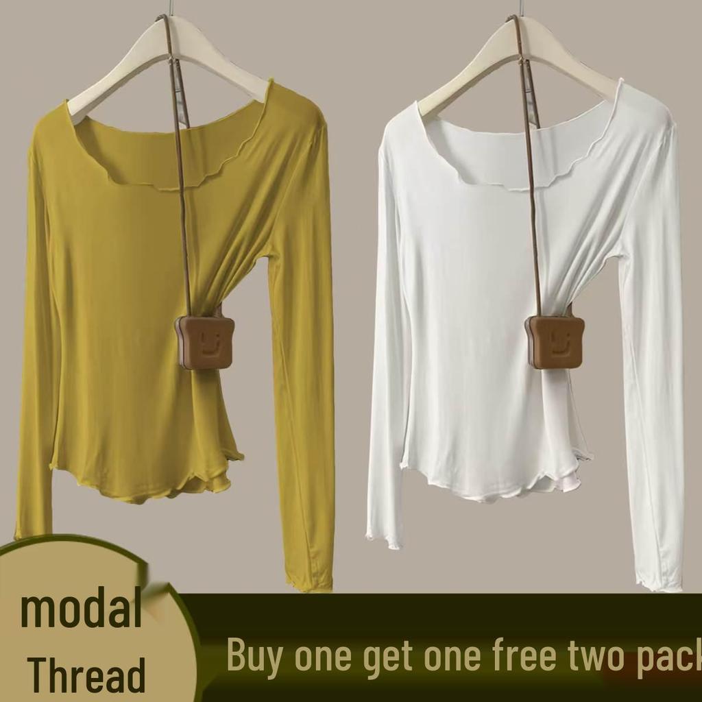 Women's Autumn Modal Ribbed Top: Round Neck, Long Sleeve, Rolled Hem, Base Layer T-Shirt