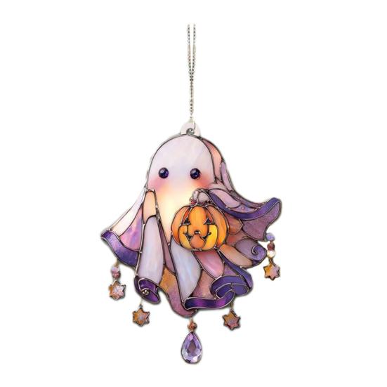 Cute Acrylic Ghost Suncatcher with Pumpkin Stained Glass Window Hanging Decor Halloween Wall Art Panel with Chain for Indoor Home Kitchen Decor