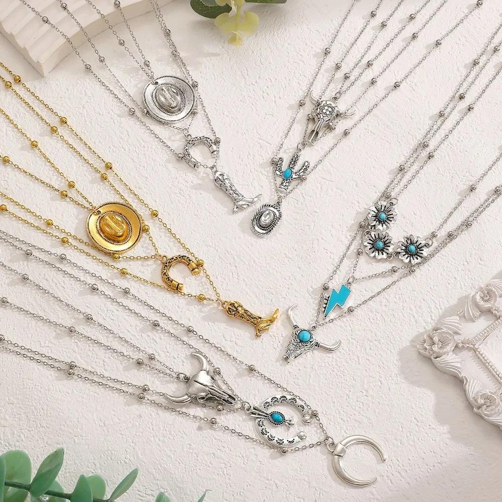 3pcs Set Bohemian Retro Inlay Turquoise Cactus Ox Head Pendant Beaded Multi-layer Necklace for Women Fashion Personality Jewelry