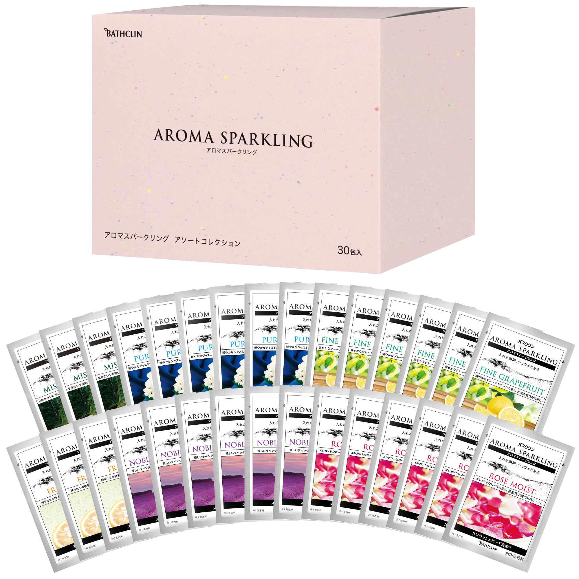 

Bathclin Aroma 30g x 30 6 individually wrapped assorted aroma powder bath additive Sparkling, packets, scents,
