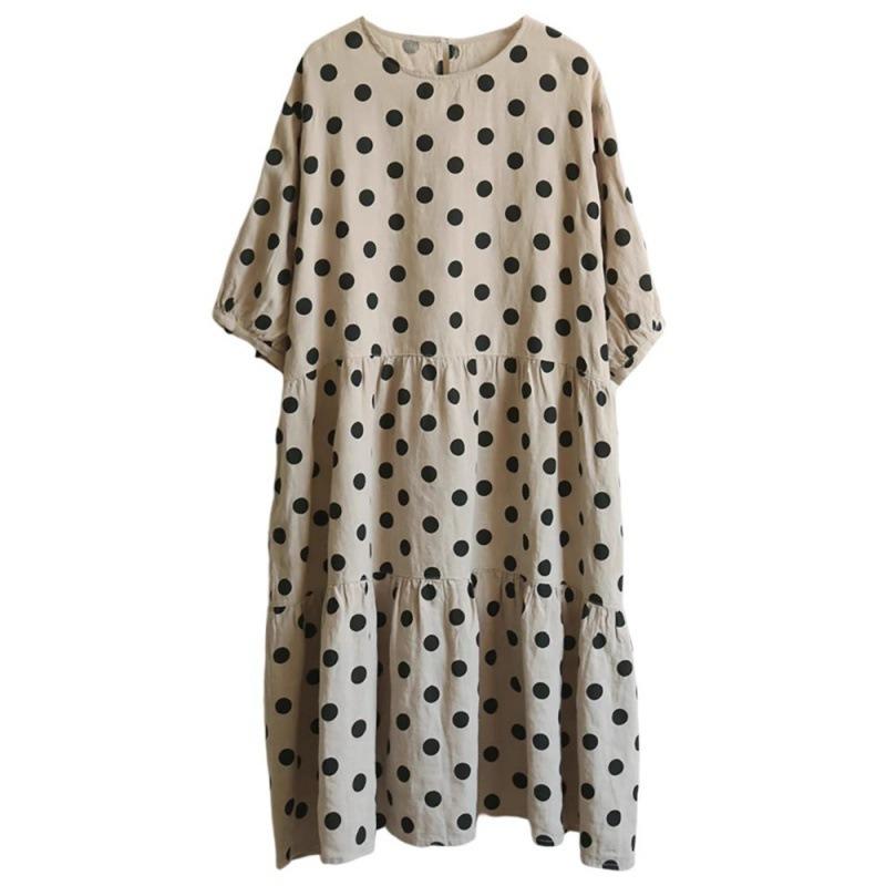 Summer New Literary Loose Cotton and Linen Polka Dot Round Neck Five-quarter Sleeve Dress Women's Medium and Long