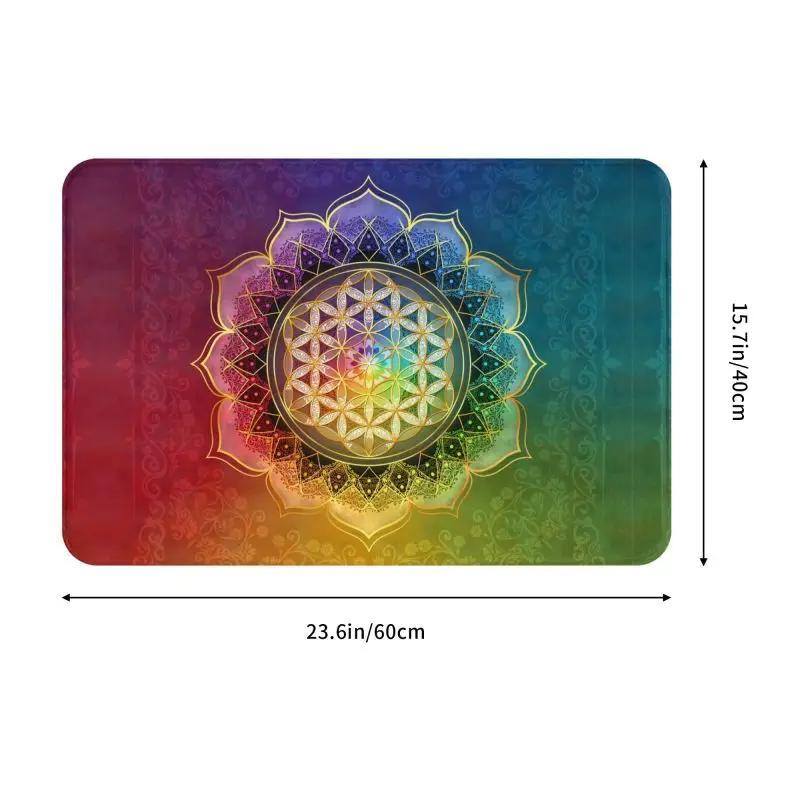 Rainbow Flower Of Life With Lotus Front Door Mat Anti-Slip Outdoor Sacred Geometry Doormat Kitchen Balcony Entrance Rug Carpet