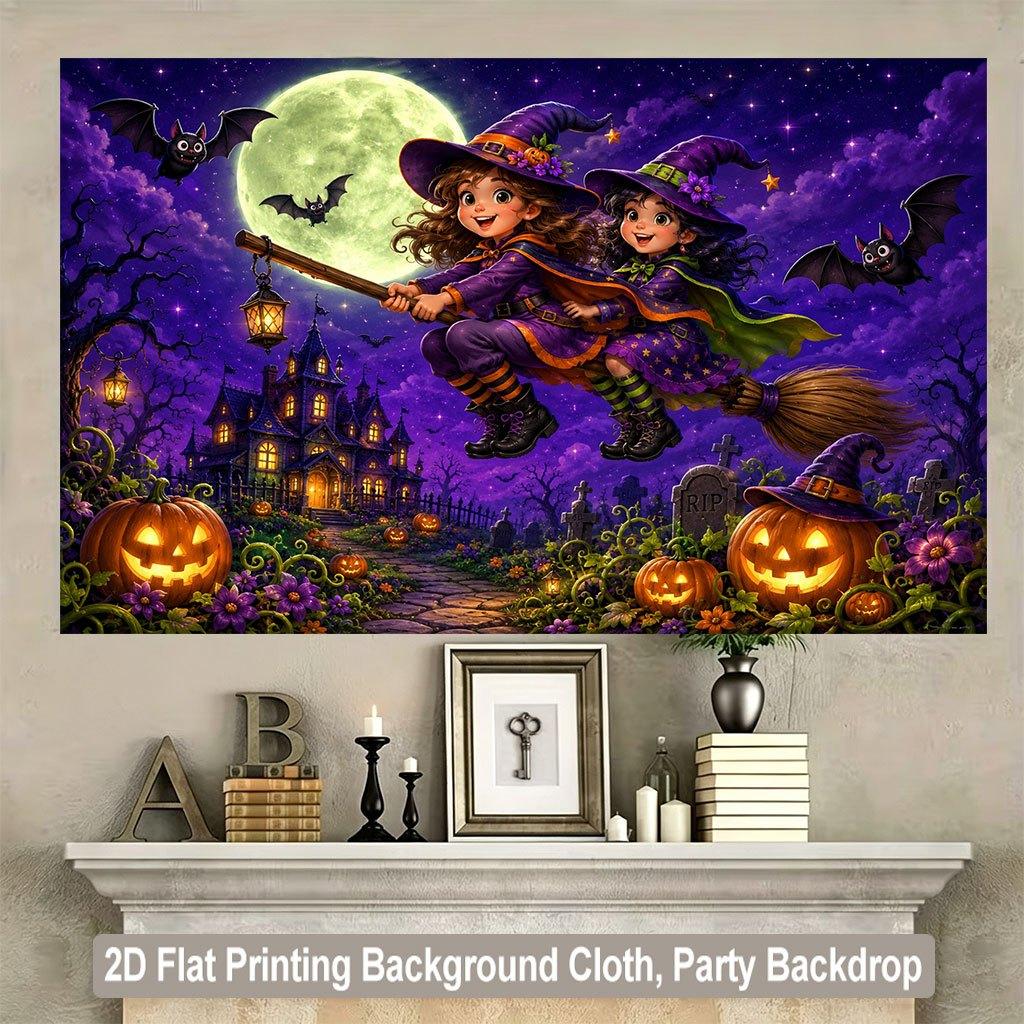 2D flat background fabric background fabric for the scene of a witch flying on Halloween night wooden wall panel.PMJ