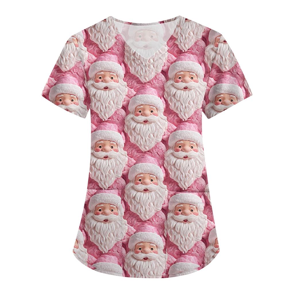Women's Fashion V-Neck Short Sleeve Overalls With Pockets Christmas Printed Tops  Clothes