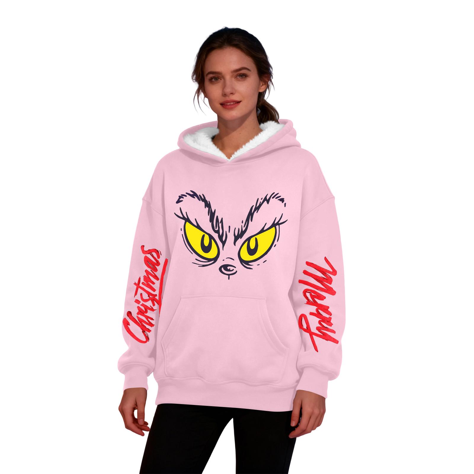 Women s Casual Fashion Plus Velvet Thickened Christmas Print Hooded Sweatshirt XXL