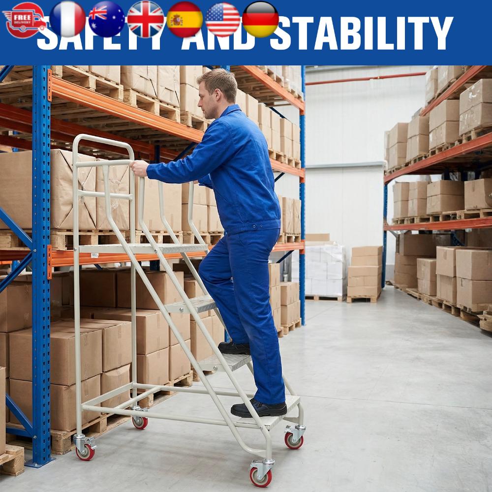 

4/6 Steps Ladder with Wheels Steel Rolling Industrial & Warehouse Ladder with Handrails 880 LBS Capacity for Supermarket Library United States