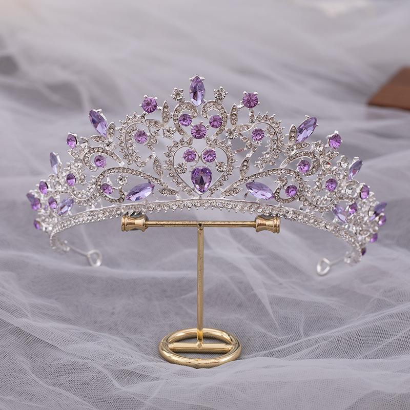 DIEZI Luxury Elegant Purple Pink AB Crystal Flower Tiara Crown For Women Bridal Bride Queen Headbands Hair Wedding Accessories