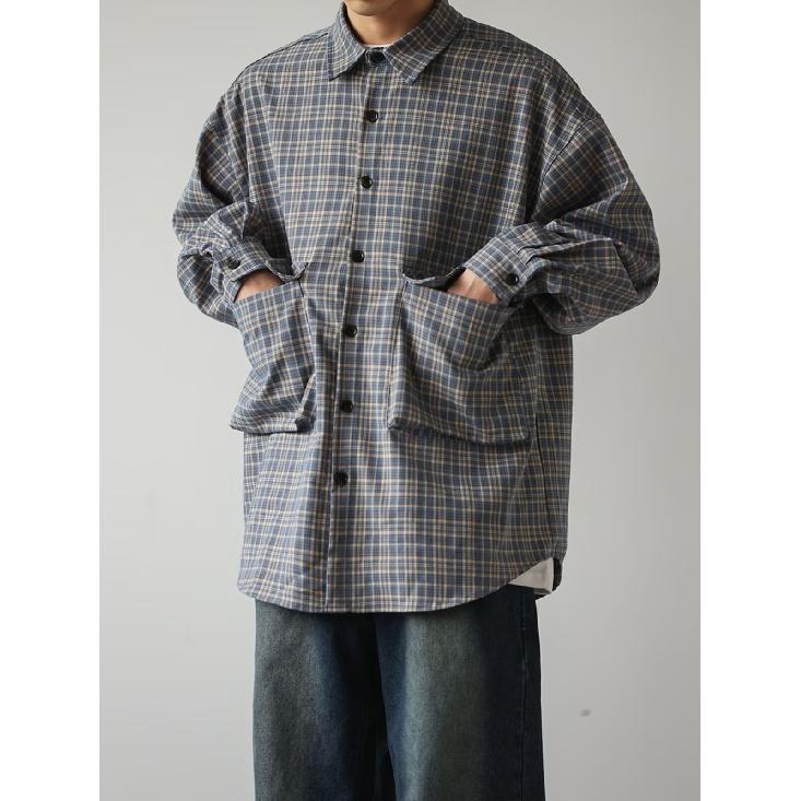 Boyue Japanese Style Large Pocket Plaid Long Sleeve Shirt College Style Casual All-Match Profile Couple Men's Coat