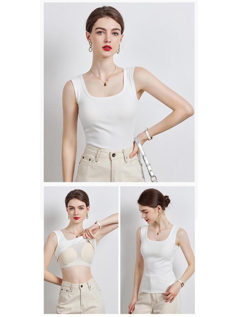 Silk Spaghetti Strap Vest with Padded Cups, Latex Chest Pads, Square Neckline; Women's Innerwear/Outerwear, Covers Side Fat