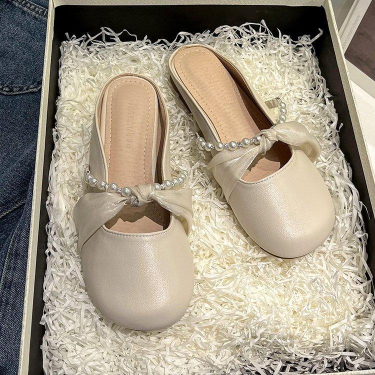 Baotou half slippers women's spring and summer 2025 new outer wear pearl fairy gentle and versatile flat-bottomed Muller cool slippers