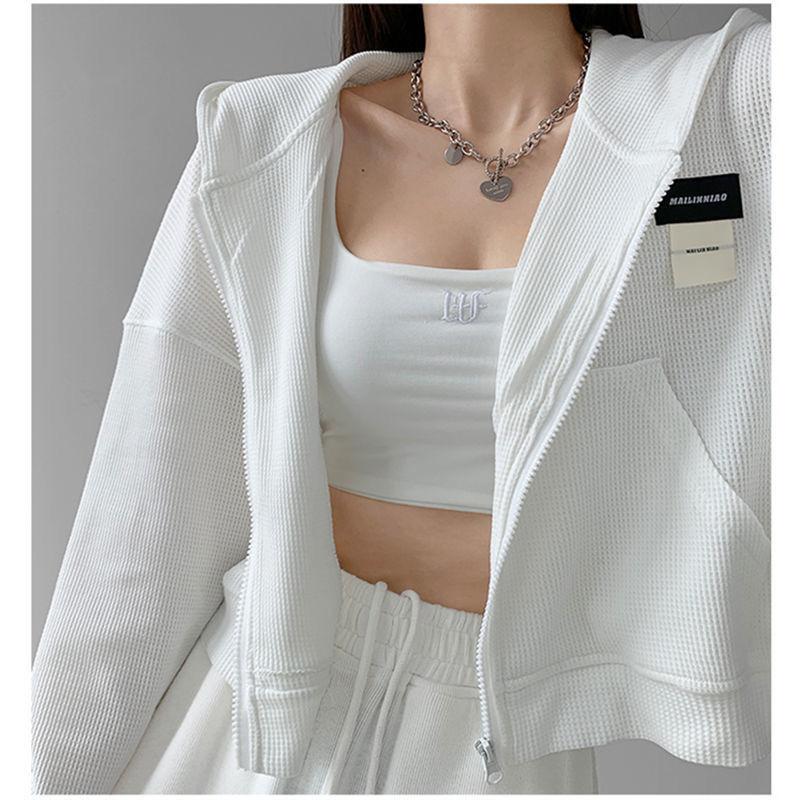 

Женские толстовки Harajuku, корейская модная спортивная одежда, женские толстовки на молнии, винтажная уличная одежда, базовый повседневный укороченный топ S белый