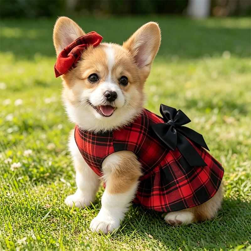 Cute Plaid Pet Dress with Bow Decoration, Soft Fabric Cat and Dog Clothing, Suitable for Small and Medium-sized Pets