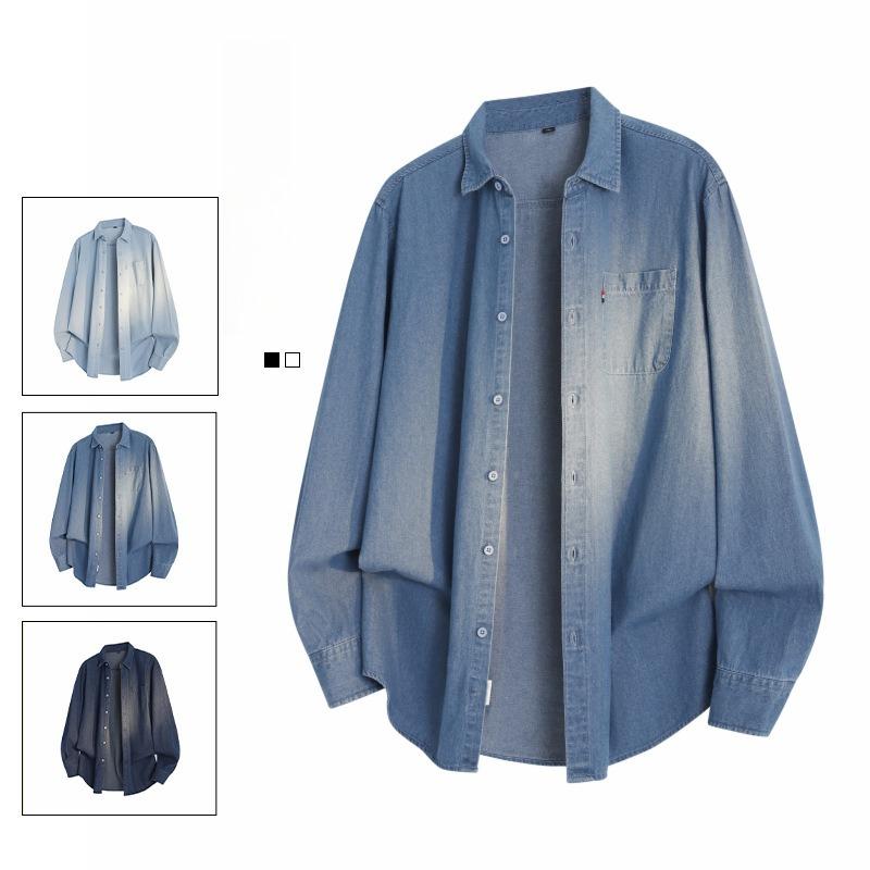 Minimalist Solid Color Jakas Men's Long-sleeved Shirt Autumn Denim Lapel Loose Men's Casual Jacket Coat Men's Breathable Work Casual Jacket