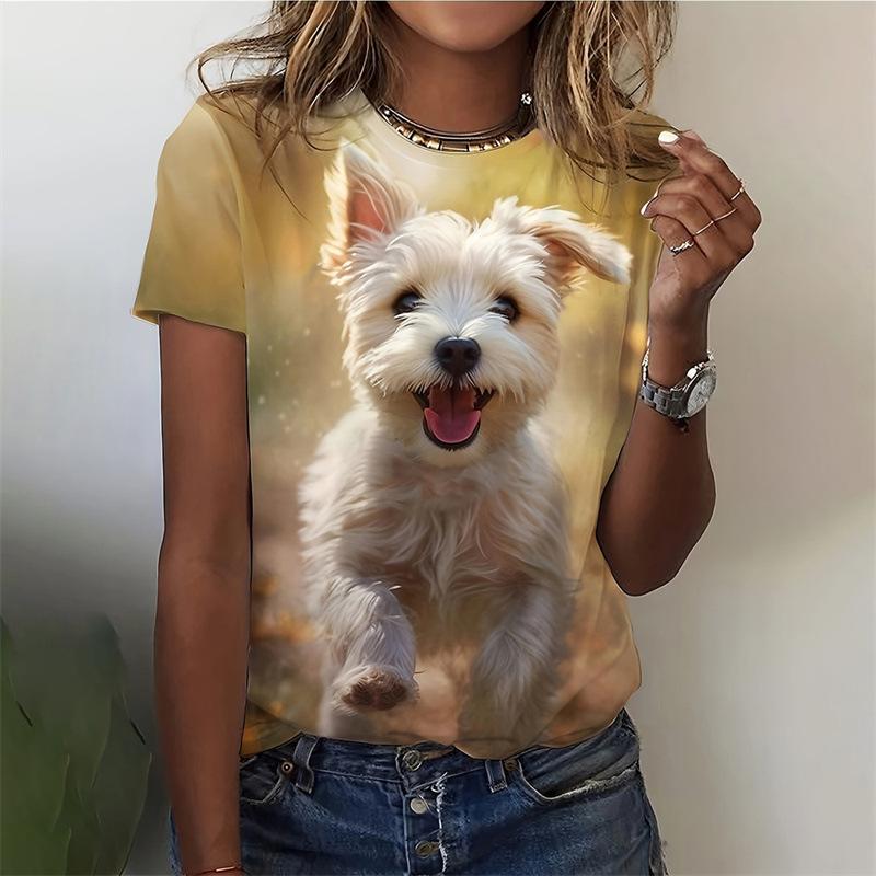 Tägliches Rundhals-Sommer-Damen-T-Shirt mit kurzen Ärmeln, 3D-Druck, kleiner Hund, lässiges T-Shirt