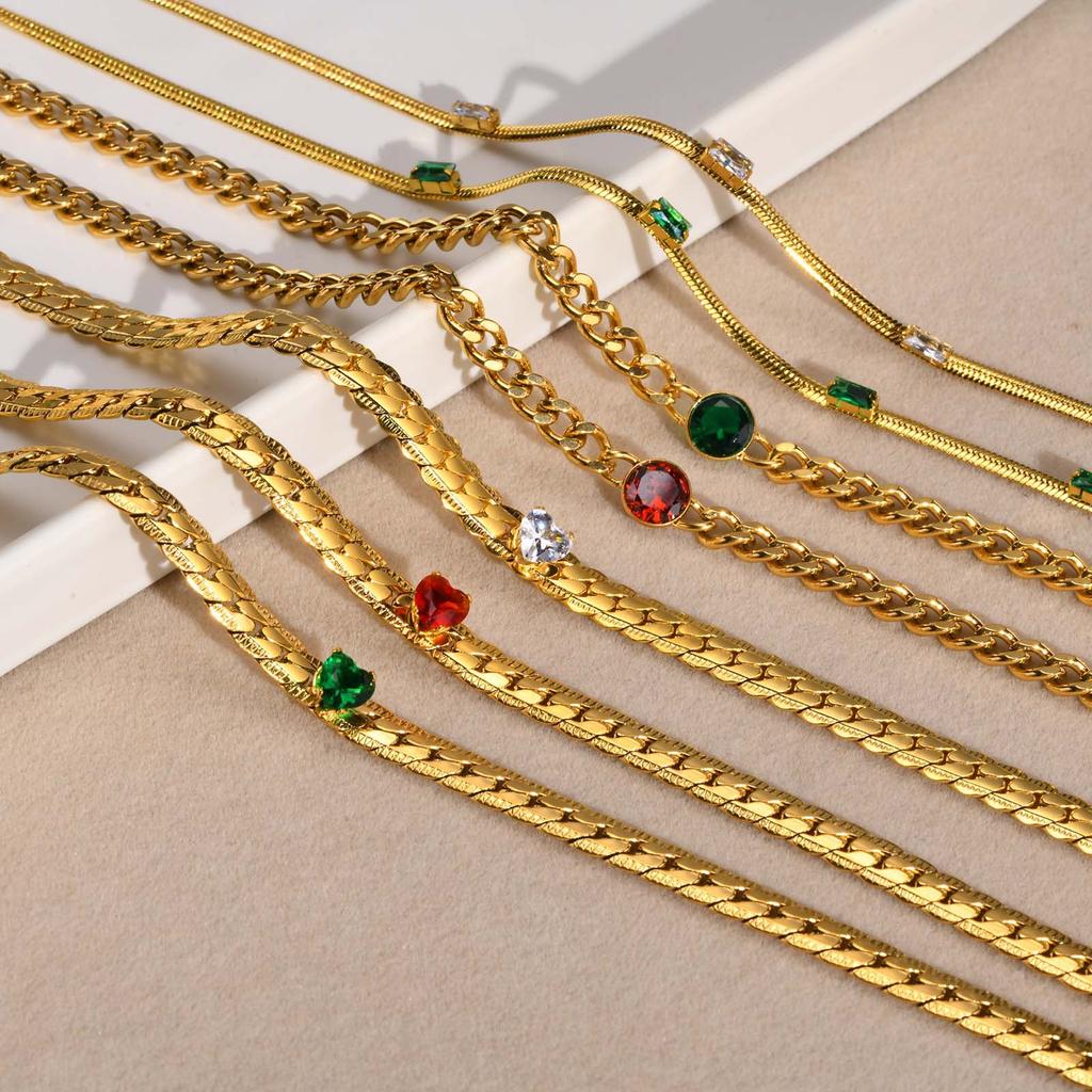 Stainless Steel Red Green Zircon Necklace Gold Female Collarbone Chain Flat Snake Chain, Accessories 1201