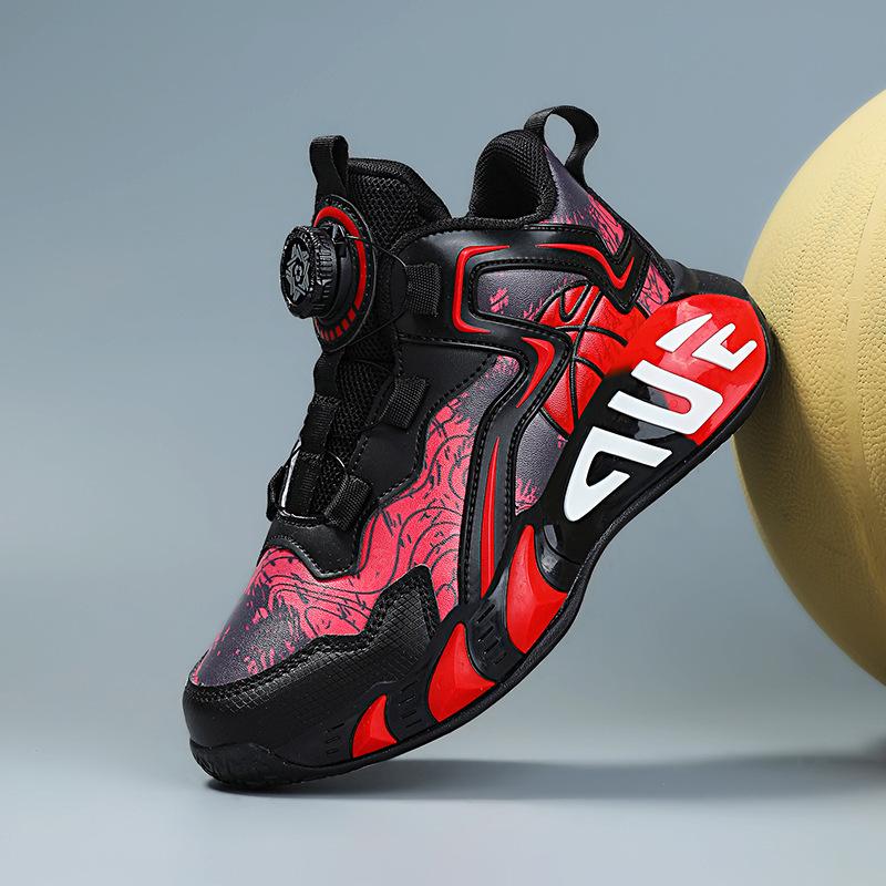 Boys basketball shoes autumn and winter new leather waterproof boys shoes button sneakers black dirt-resistant actual combat sneakers