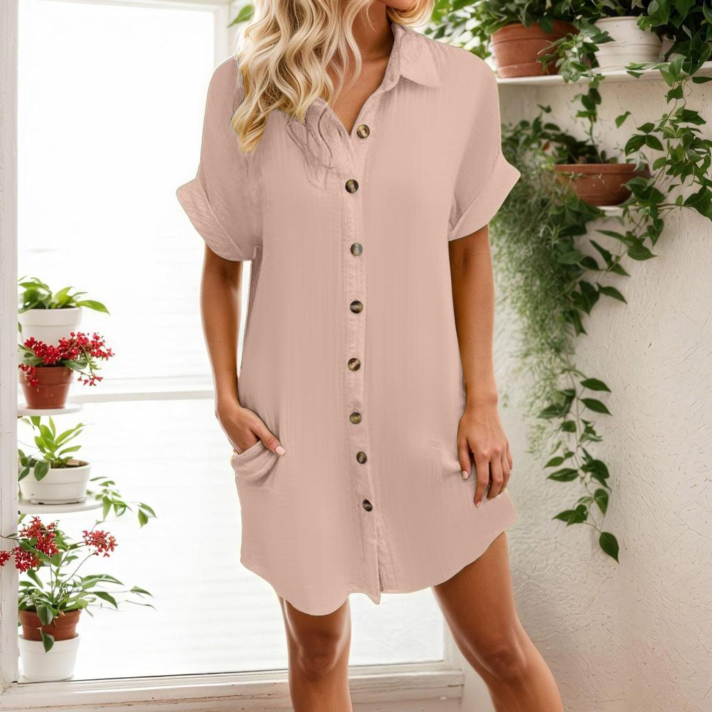 Fashionable Women's Casual Color Buttoned Mid-length Short-sleeved Loose Dress