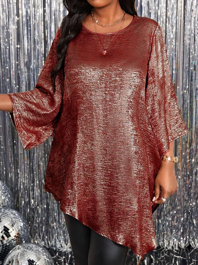 2025 Plus Size Loose Fit Crew Neck Nine-Sleeve Irregular Top for Women