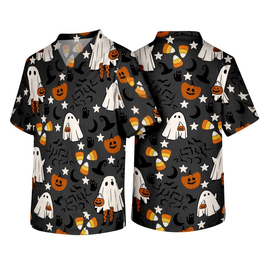 Men's Short Sleeve V Neck Halloween Print Medical Scrub Top with Chest Pocket Comfortable Fit Durable Fabric Suitable for Healthcare Professionals