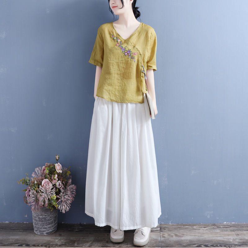 Artistic Ethnic Style Slanted Collar Cotton and Linen Shirt Summer Loose Embroidery Zen Tea Suit Chinese V-neck Short Sleeved Women's Top