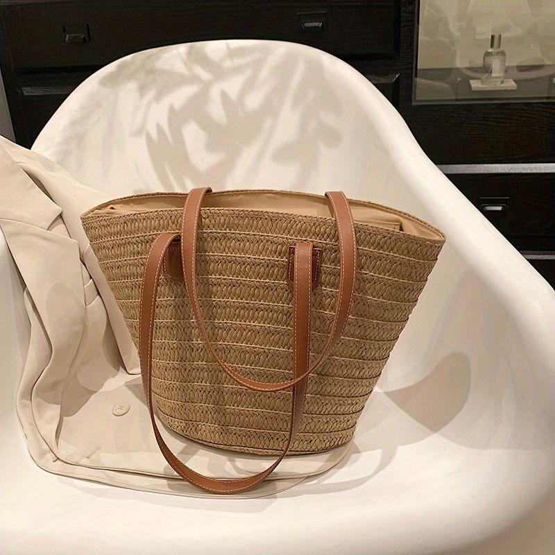 

Экологичная соломенная сумка-тоут для женщин в стиле бохо — универсальная, просторная и безопасная, идеально подходит для пляжа и путешествий хаки