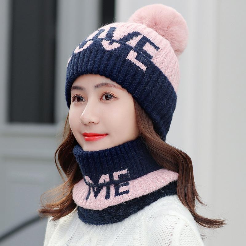 Hat Scarf Set Ladies Winter Fleece Thickened Wool Hat Tide Letter LOVE Knitted Cycling Hat