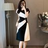 Estate Elegante Moda Patchwork Midi Vestido Donna Temperamento Manica Corta A-line Abito Signore Casual Vita Slim