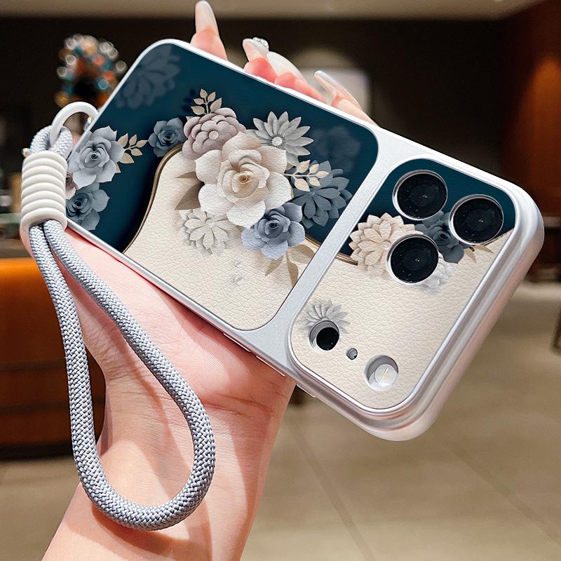 Romantic Rose Flower Pattern Leather Lanyard Case For iPhone 18 Pro Max Hybrid TPU+PU Anti-skid Soft Cover For iPhone 17 16 15 14 13 Pro Max