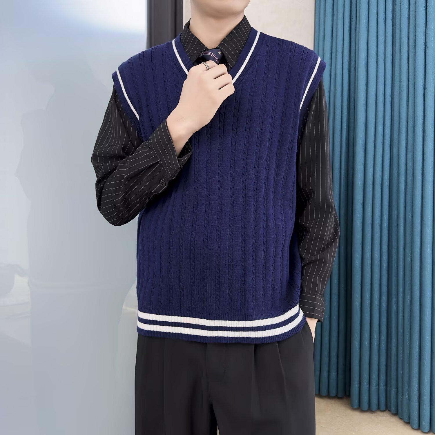 

Unisex Retro Japanese V-Neck Color Block Knit Vest - Loose and Versatile Sleeveless Sweater L синій/індиго