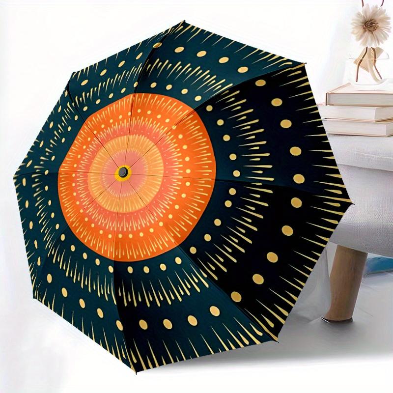 1pc Mandala Sunburst Automatic Open/close Folding Compact Umbrella, 8-Rib Sturdy Canopy, Lightweight Portable, Everyday Use, Gift, Outdoor Umbrella, T