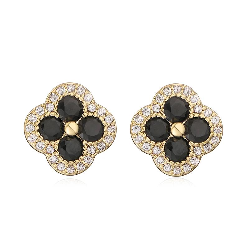 18K Golden Plated Inlaid CZ Stone Flower Shape Stud Earrings Sparkling Multi-colour 4-Leaf Flower Earrings Romantic Jewelry