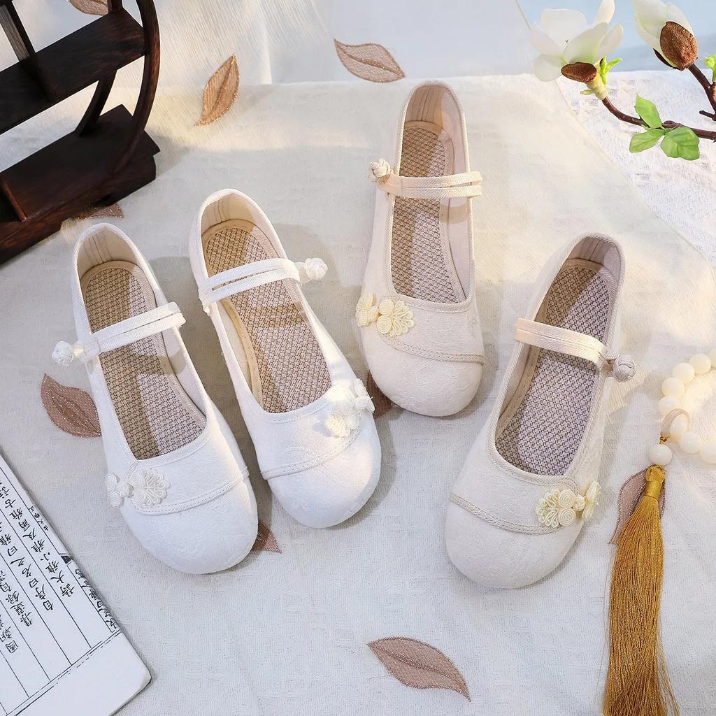 Chinese Knot Women Cotton Fabric Embroidered Ballet Flats Retro Ladies Casual Traditional Old Beijing Shoes Solid Color