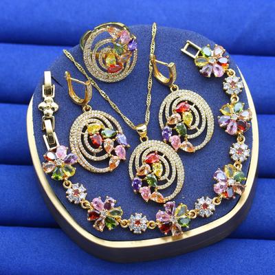 Exquisite Multicolor Crystal  Gold Plated Jewelry Sets For Women Earrings Necklace Adjustable Ring Bracelet Wedding Gift