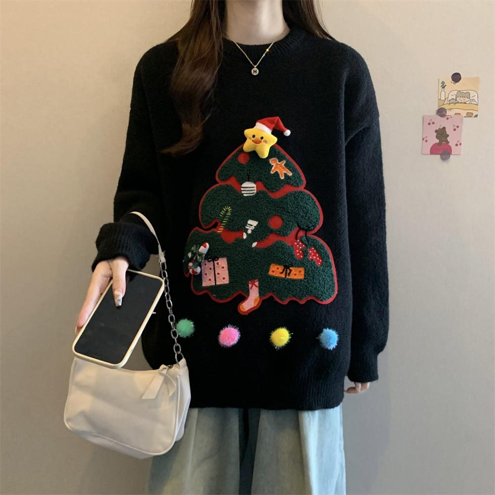 Women's Red Christmas Pullover Sweater - Casual Round Neck Knitwear for Autumn/Winter 2025