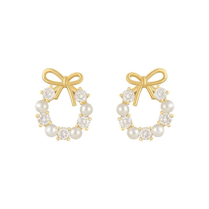 Fashion Lmitation Pearl Crystal Bow Stud Earring For Women Girl Fashion Cute Loreanearrings Party Trending Jewelry Wholesale