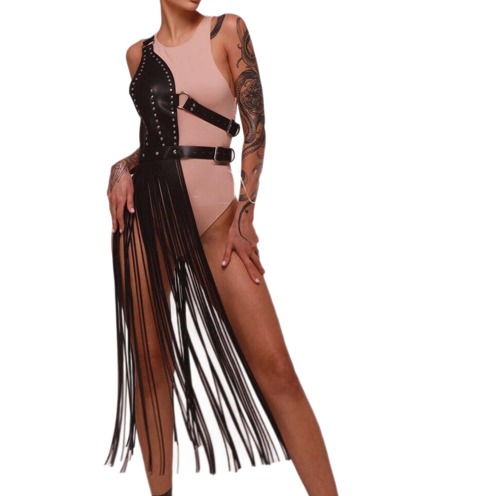 

Длинный пояс-подвязка с бахромой для повседневной носки, декоративный пояс-кинчер из ПУ кожи для концертов и вечерних вечеринок чёрный